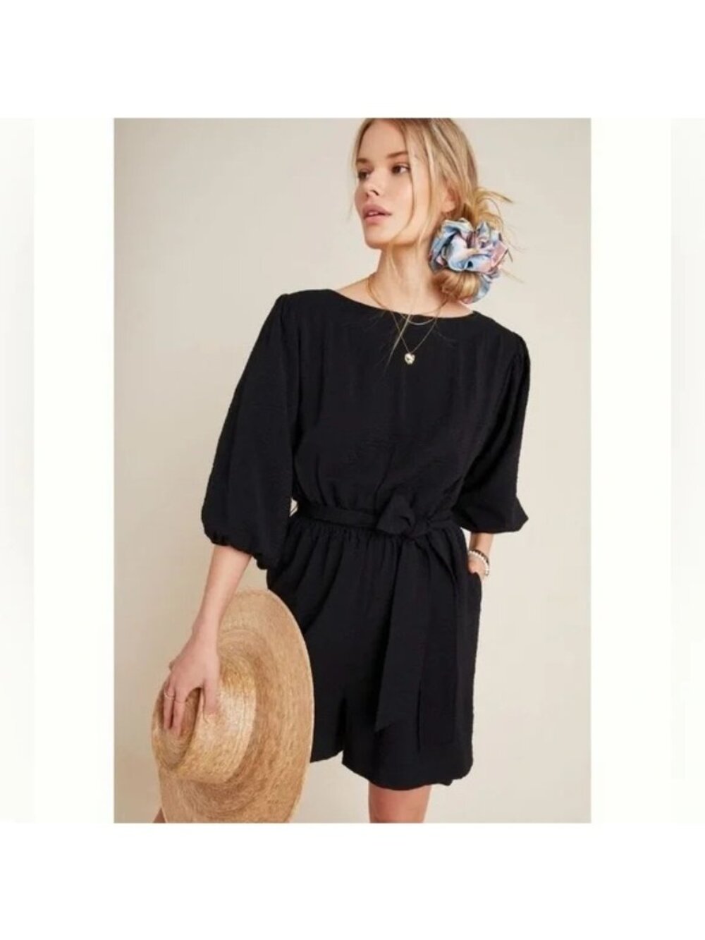 Anthropologie Francesca Balloon-Sleeved Romper black textured Size S (Z561)